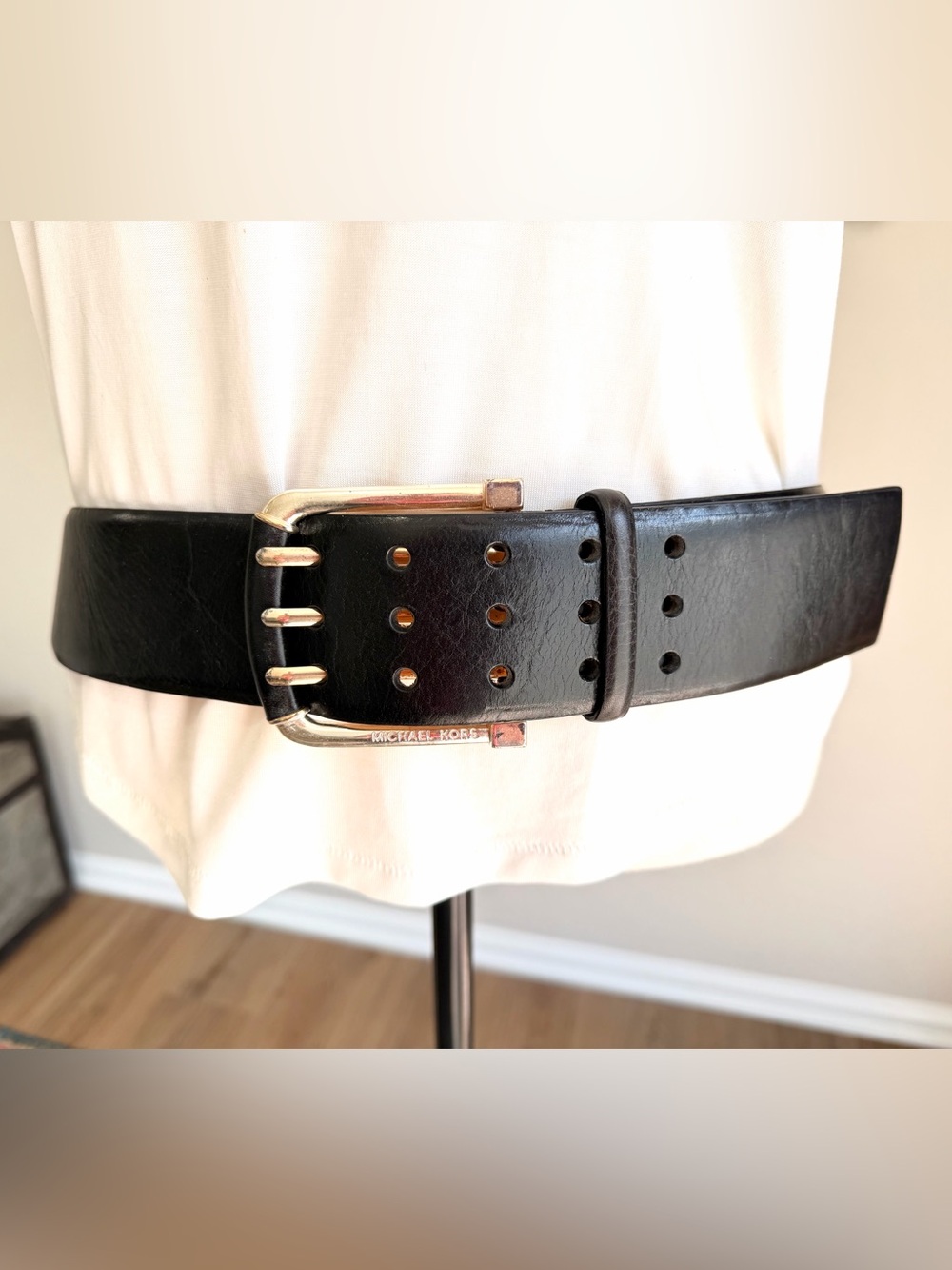 MICHAEL Michael Kors Wide Black Leather Triple-Prong Belt ā Size Large